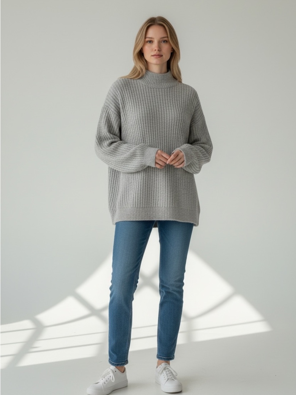 Eddie Bauer Cozy Chunky Ribbed Oversized Mock Neck Sweater - Light Heather Gray